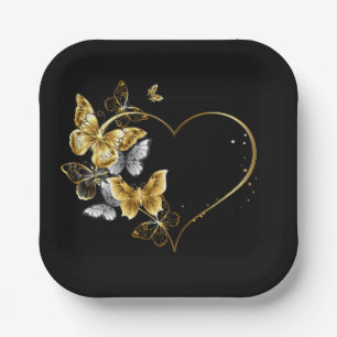 Heart with Golden Butterflies Paper Plate