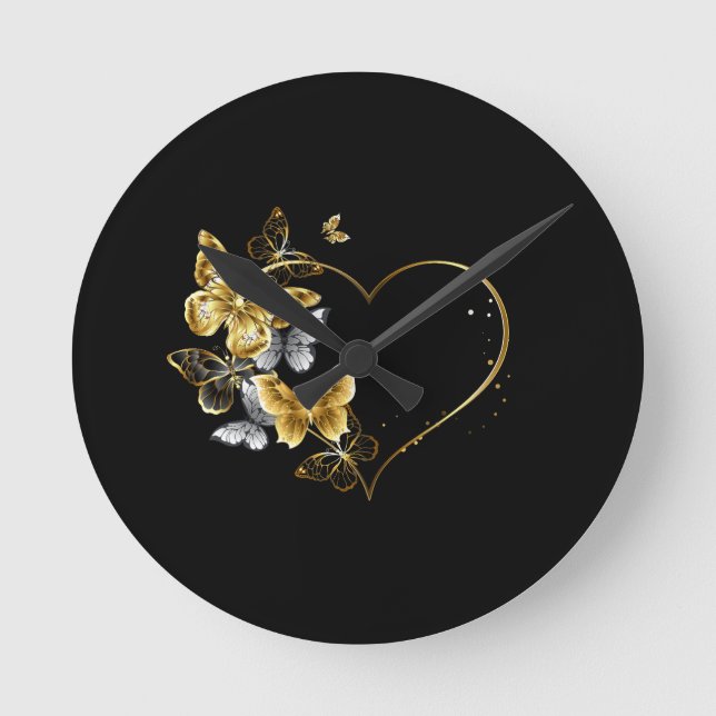 Heart with Golden Butterflies Round Clock (Front)