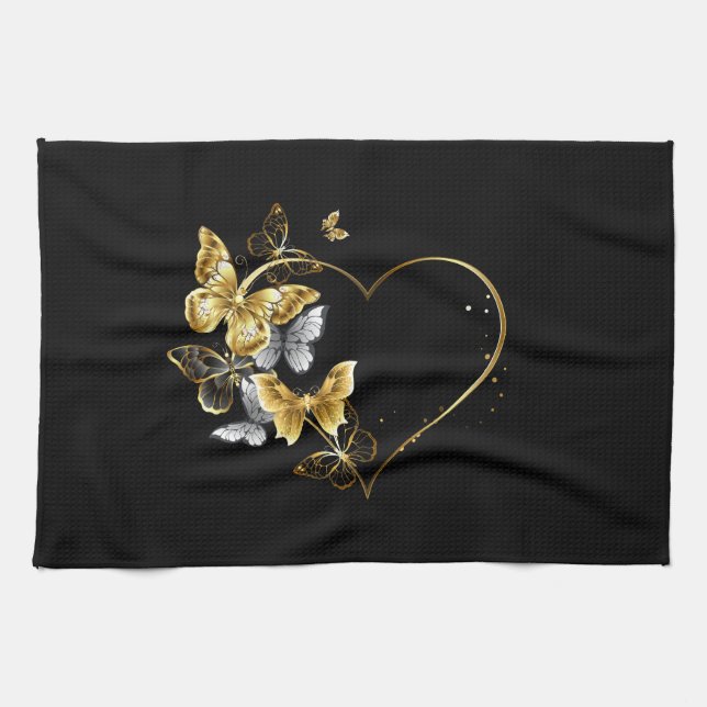 Heart with Golden Butterflies Tea Towel (Horizontal)