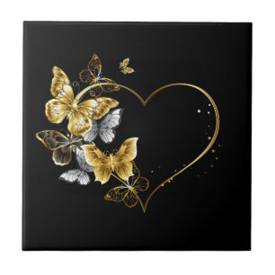 Heart with Golden Butterflies Tile