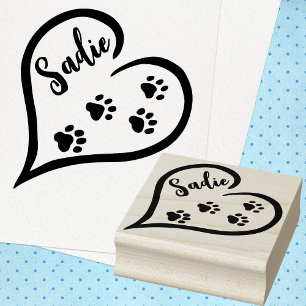 Heart with Paw Print Trail and Custom Name Rubber Stamp