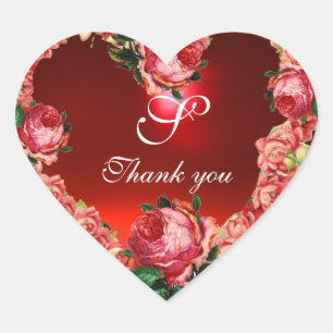 HEART WITH PINK ROSES THANK YOU MONOGRAM STICKER