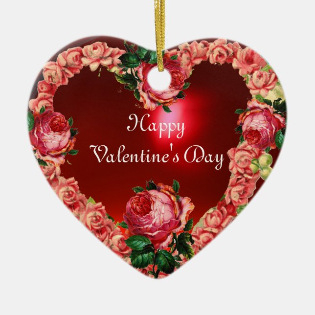 HEART WITH PINK ROSES VALENTINE'S DAY MONOGRAM CERAMIC TREE DECORATION (Front)