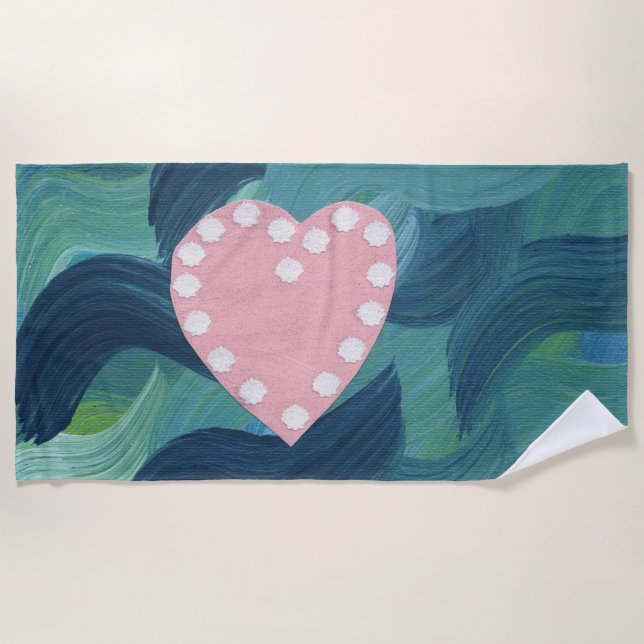 Heart with Seashells and Ocean Waves 2 Beach Towel (Front)