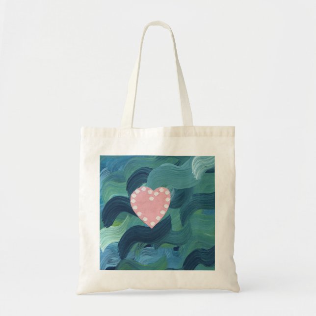 Heart with Seashells and Ocean Waves Tote Bag (Front)