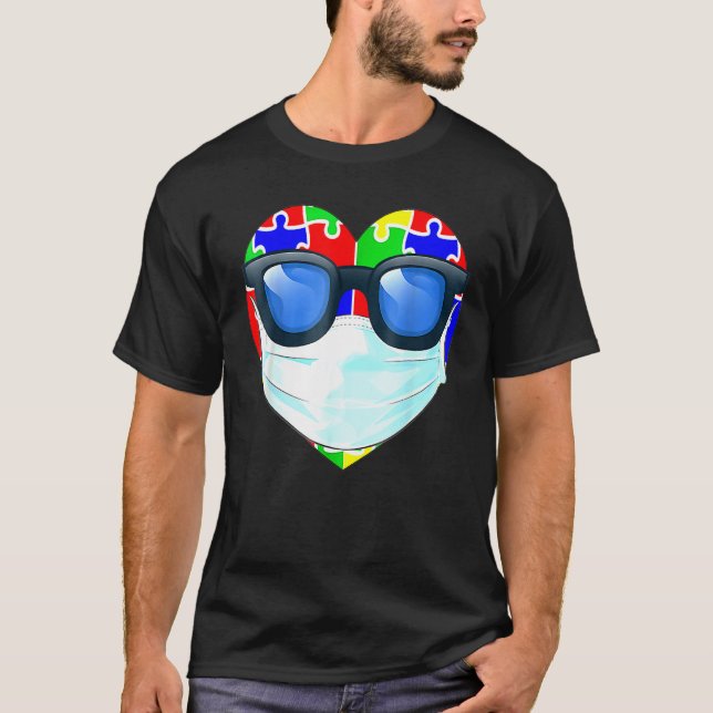 Heart With Sunglass And Mask Autism Awareness Puzz T-Shirt (Front)