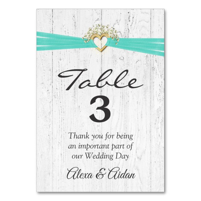 Heart with Turquoise Ribbon On Whitewashed Wood Table Number (Front)