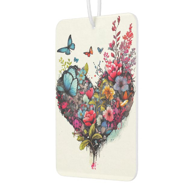 Heart with watercolor flowers and butterflies car air freshener (Left)