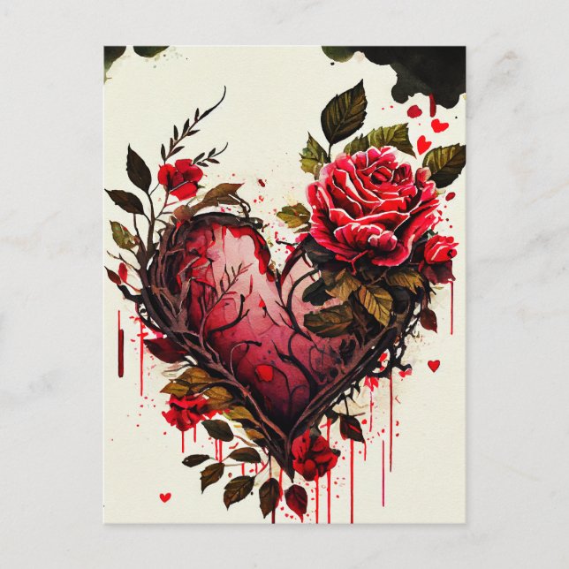 Heart with watercolor flowers red roses love card (Front)