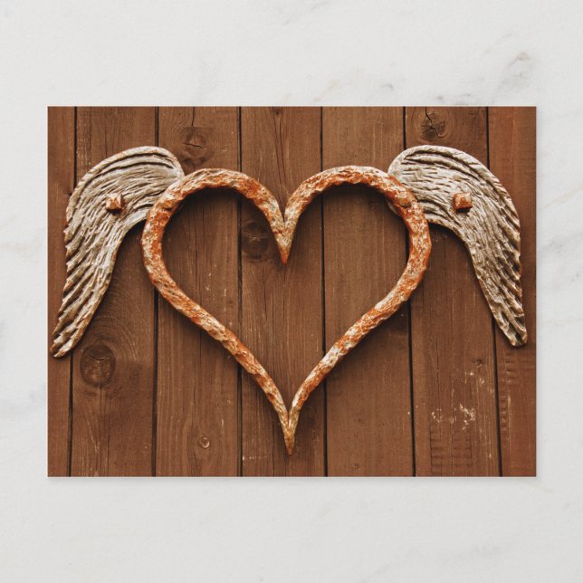 Heart with Wings Against Rustic Wooden Boards Postcard (Front)