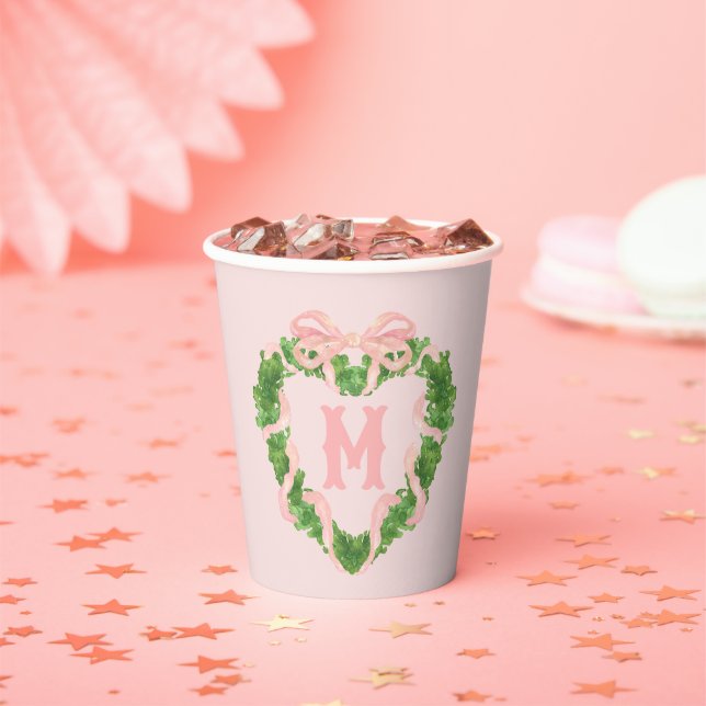 Heart Wreath with Pink Bow | Monogram Paper Cups (Insitu)