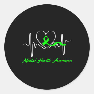 Heartbeat Mental Health Awareness Green Ribbon Sup Classic Round Sticker