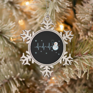 Heartbeat Nurse Snowman Christmas Snowflake Pewter Christmas Ornament