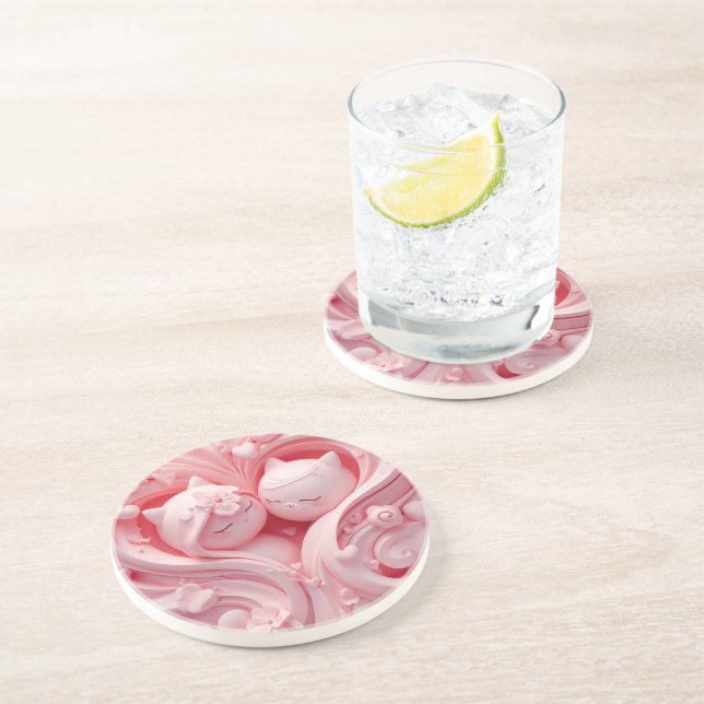 Heartbound Cats in Pastel Pink Coaster (Side)