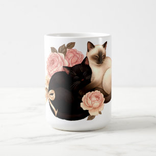 Heartbound: Siamese & Black Cats in Bloom Coffee Mug