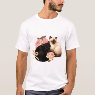 Heartbound: Siamese & Black Cats in Bloom T-Shirt