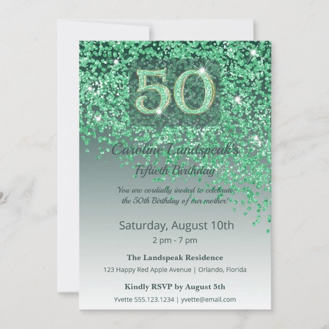 Heartfelt 50th Birthday Green Glitter  Invitation (Front)
