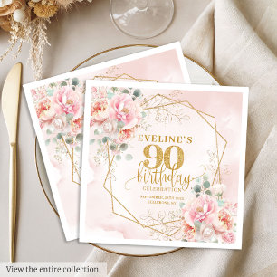Heartfelt blush pink floral 90th birthday luncheon napkin