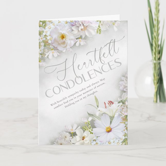 Heartfelt Condolences White Floral Sympathy Card (Front)