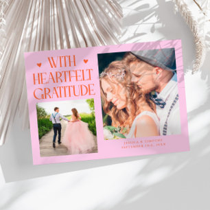 Heartfelt Gratitude Orange Pink Wedding Photo   Thank You Card