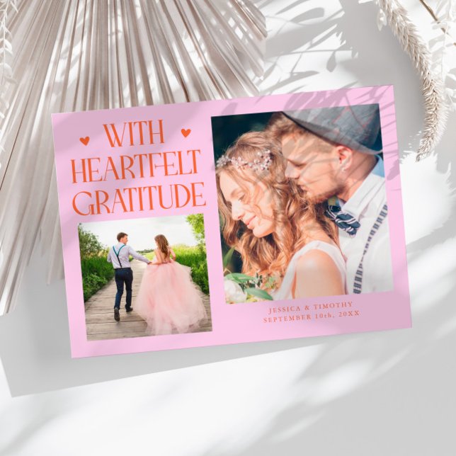 Heartfelt Gratitude Orange Pink Wedding Photo   Thank You Card (Creator Uploaded)