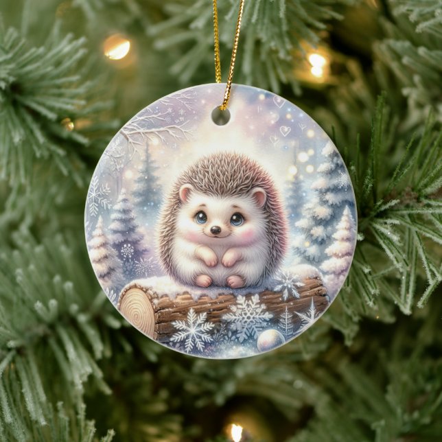 Heartfelt Hedgehog in a Snowy Forest Ceramic Tree Decoration (Tree)