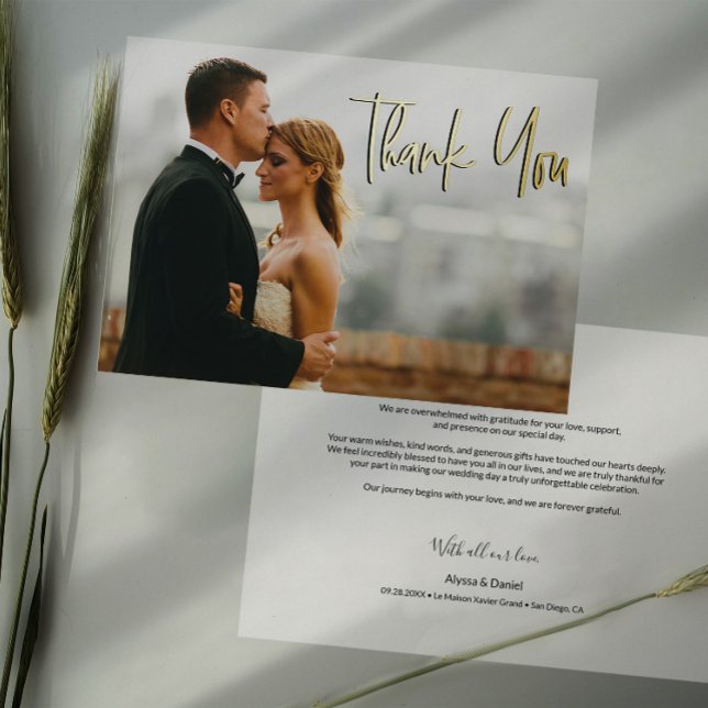 Heartfelt message custom wedding photo Thank you (Gold Foil photo wedding thank you card with customizable message)