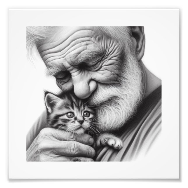 Heartfelt Moments Old Man and Kitten Close-Up Art Photo Print (Front)