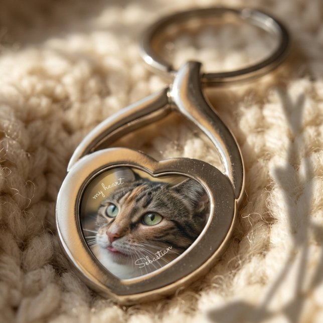 Heartfelt Silver Cat Memorial Sympathy Gift Key Ring (Pet photo keychain)