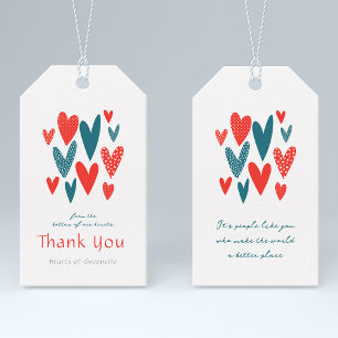 Heartfelt Thank you Hearts Teal Red Gift Tags