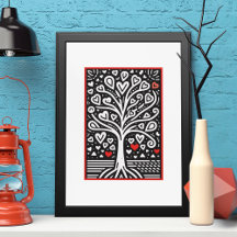 Heartfelt Tree of Love: Black & White Folk Art