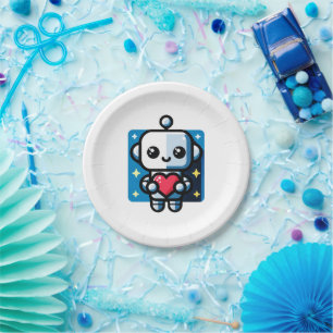 Heartful Robot - Playful Tech-Inspired Love Art Paper Plate