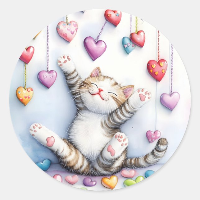 Heartfull Happy Kitty Classic Round Sticker (Front)