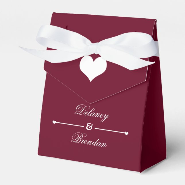 Heartline (burgundy) Personalised Wedding Favour Box (Front Side)