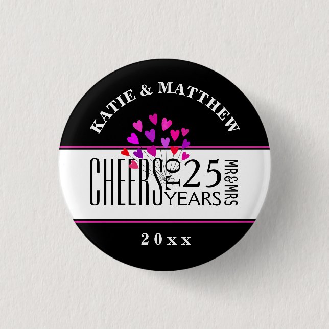 Hearts 25th Modern Wedding Anniversary Dated Gift 3 Cm Round Badge (Front)