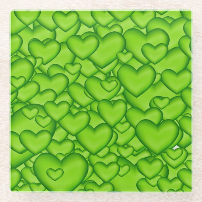 Hearts 3D Texture Green Pattern-68689 Glass Coaster (Front)