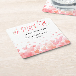 Hearts A Match Made in Heaven Bridal Shower  Square Paper Coaster