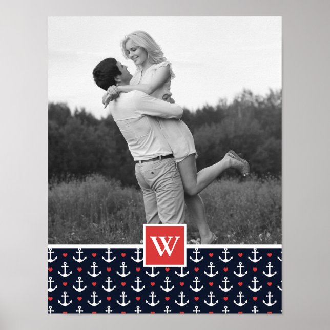 Hearts & Anchors Pattern | Add Your Name & Initial Poster (Front)