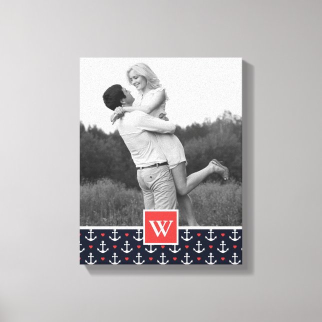 Hearts & Anchors Pattern | Add Your Name & Photo Canvas Print (Front)