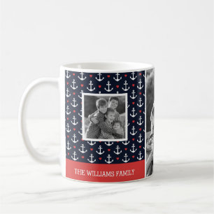 Hearts & Anchors Pattern Family Photo Monogram Coffee Mug