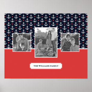 Hearts & Anchors Pattern   Family Photo   Monogram Poster
