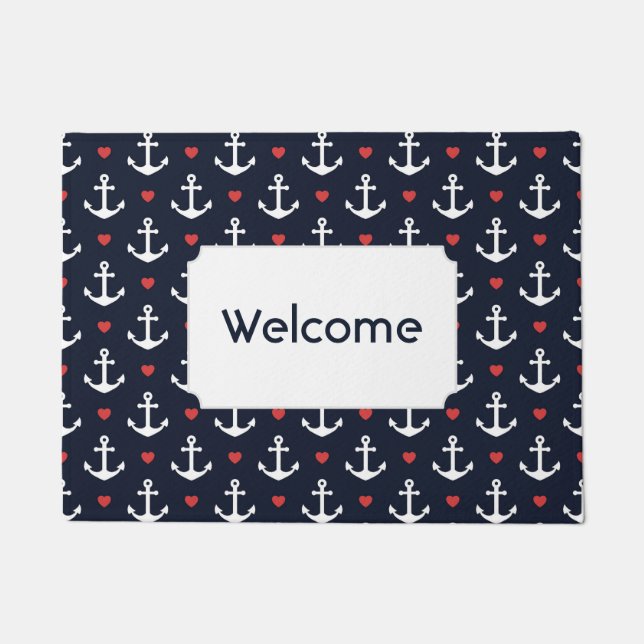 Hearts And Anchors Pattern | Add Your Text Doormat (Front)