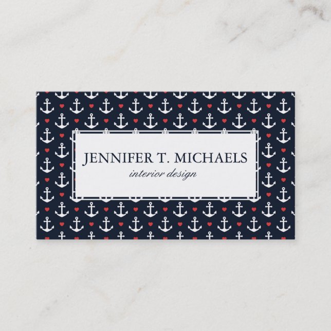 Hearts And Anchors Pattern Business Card (Front)