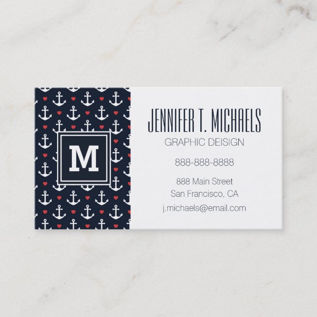 Hearts And Anchors Pattern Business Card (Front)