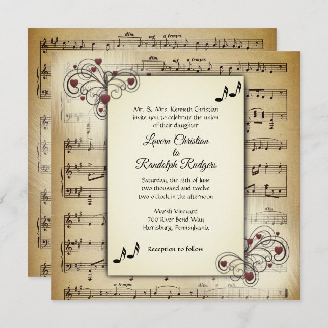 Hearts and Antique Music Theme Wedding Invitation (Front/Back)