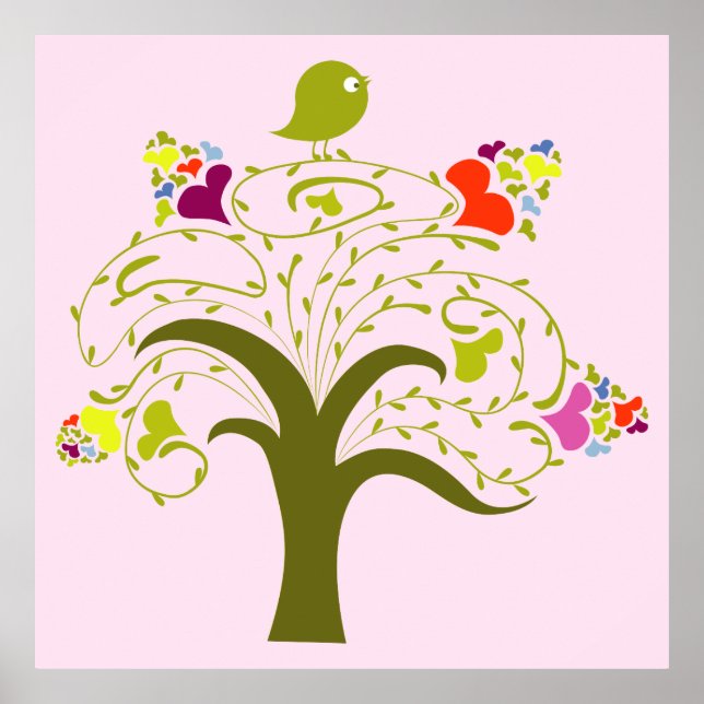 Hearts And Birdie On A Cute Tree poster print (Front)