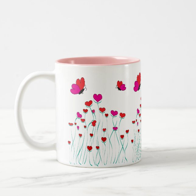 Hearts and Butterflies Valentine Love Two-Tone Coffee Mug (Left)
