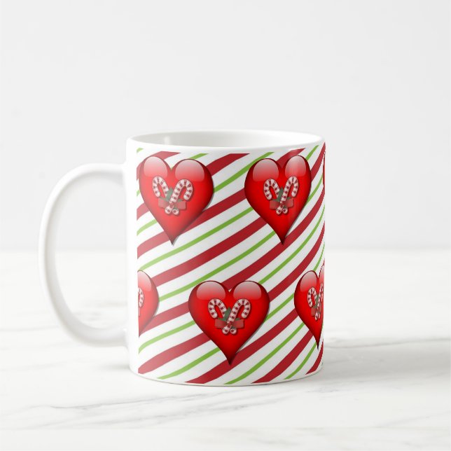 Hearts and Candy Cane Christmas Coffee Mug (Left)