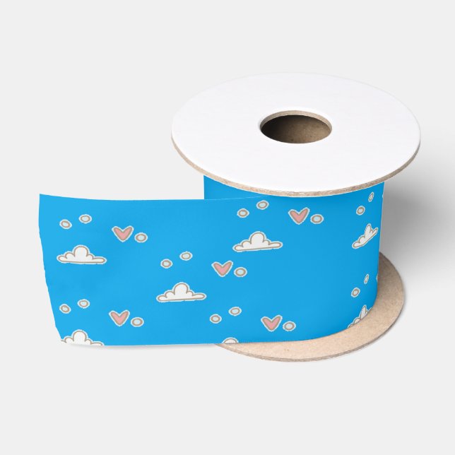 Hearts and clouds on blue  satin ribbon (Spool)