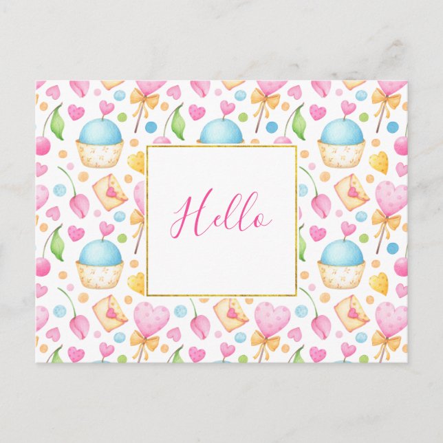 Hearts and Cupcakes Delightful Watercolor Hello Postcard (Front)